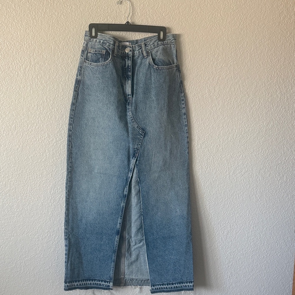 Zara Light Blue Denim Maxi Skirt with Front Slit